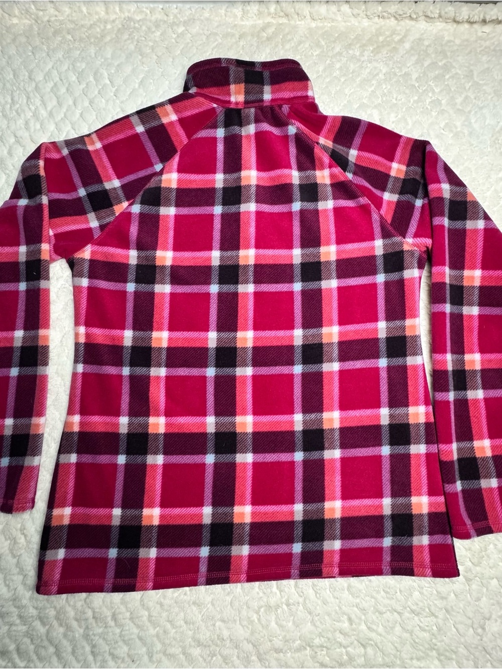 Eddie Bauer Women's Maroon and Pink Plaid Fleece Top - Picture 2 of 6